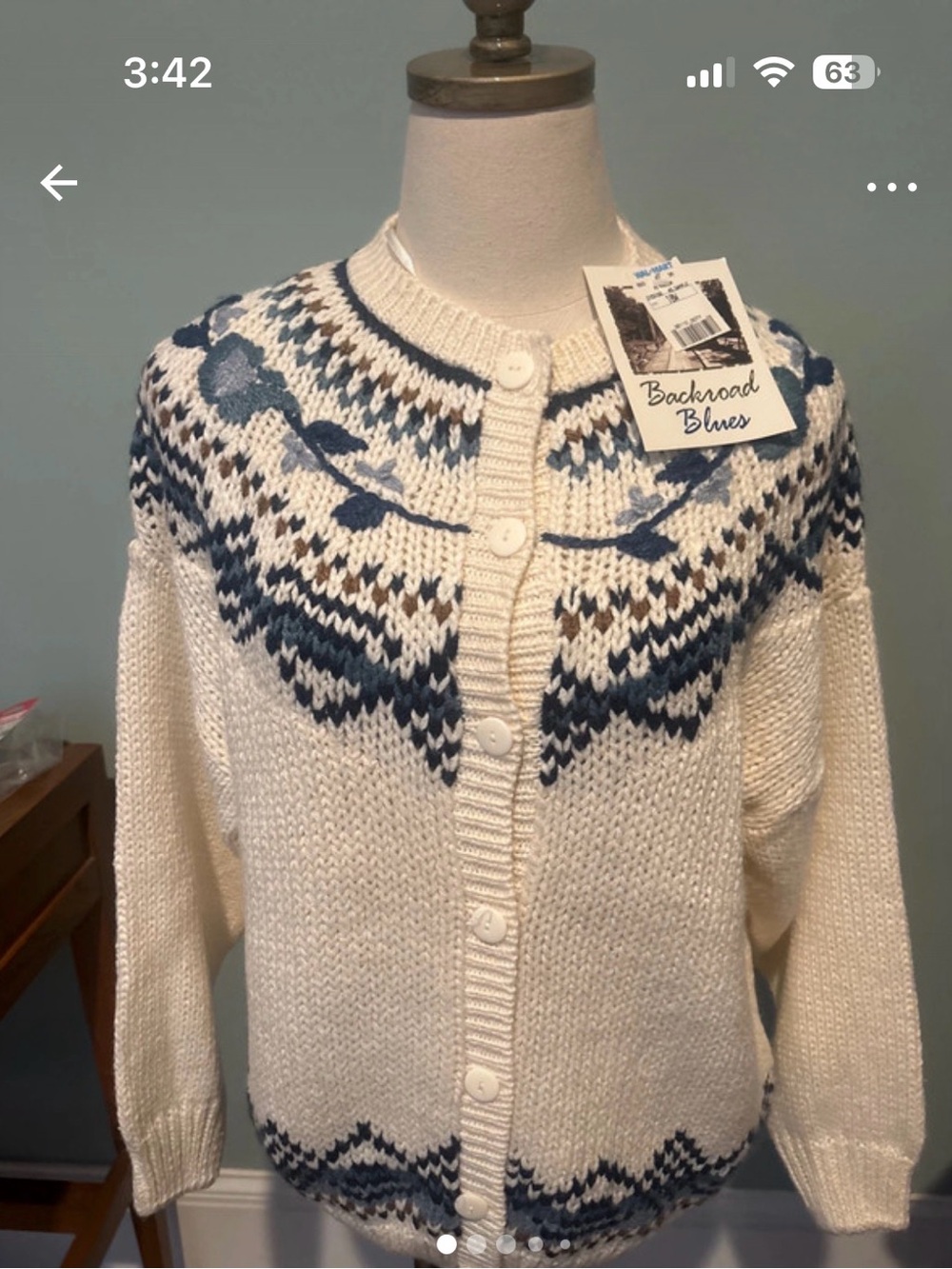 NWT Knitted by Hand Crafted Cream and Blue Fair Isle Cardigan